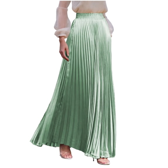 Npasoilc Pleated Maxi Skirt for Women Elastic Waistband Solid Color A-Line Half Skirt