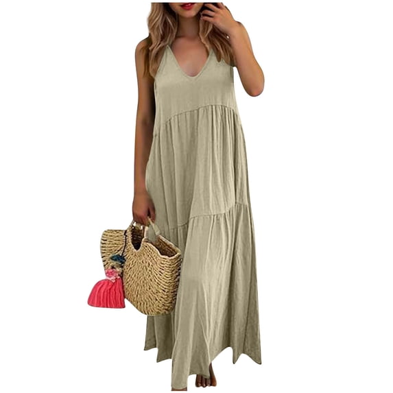 Npasoilc Pleated Waist V-Neck Pocket Dresses for Women Sleeveless Solid Color Linen A-Line Long Beach Dress