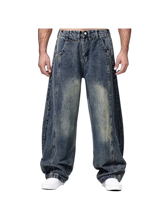 Plus Size Baggy Denim Pants for Men Elastic Waist Casual Jeans with Zipper and Button Relaxed Fit Straight Leg Jeans