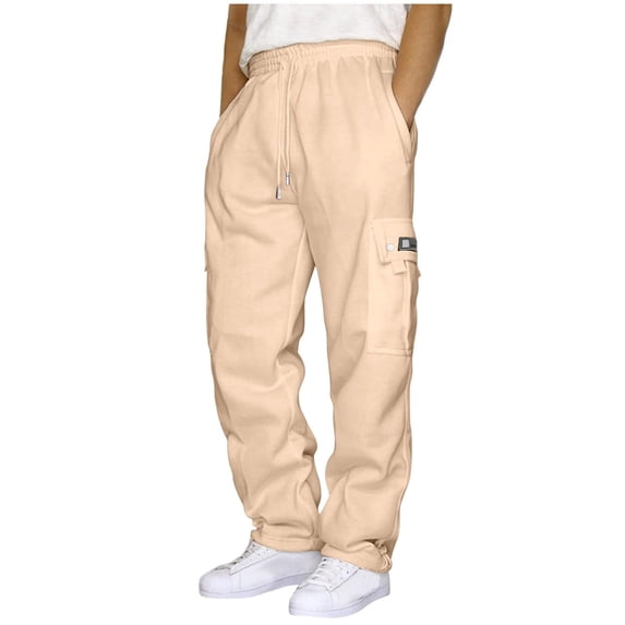 Npasoilc Plus Size Cargo Sweatpants for Men High Waist Drawstring Joggers Straight-Leg Pants Casual Loose Trousers with Multiple Pockets,Beige