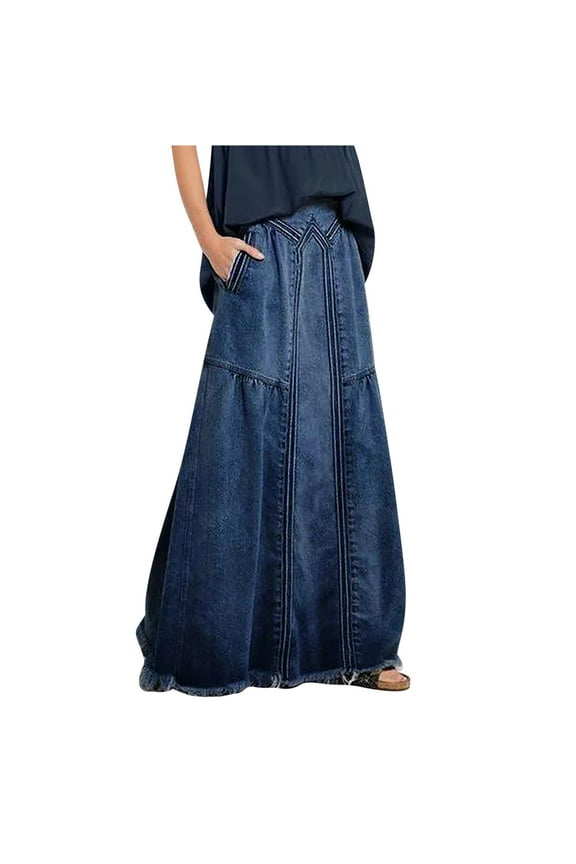 Plus Size Denim Skirts for Women Trendy High Waist Patchwork Frayed Fringe Hem Stretchy Jean Skirt Solid Color Casual Loose Skirt
