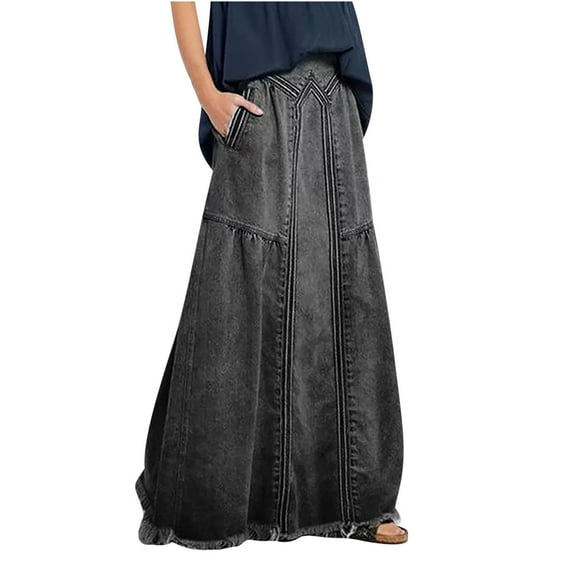Npasoilc Plus Size Denim Skirts for Women Trendy High Waist Patchwork Frayed Fringe Hem Stretchy Jean Skirt Solid Color Casual Loose Skirt
