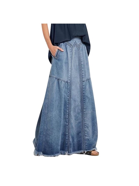 Plus Size Denim Skirts for Women Trendy High Waist Patchwork Frayed Fringe Hem Stretchy Jean Skirt Solid Color Casual Loose Skirt