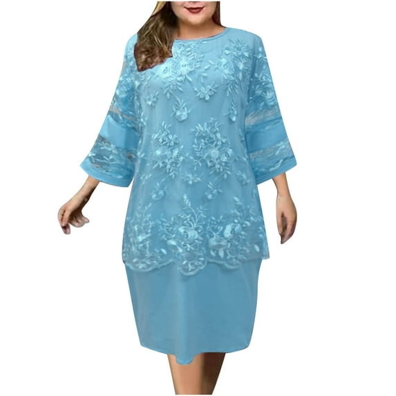 Npasoilc Plus Size Dresses For Women Casual Round Neck Solid Colour Mesh Patchwork Long Sleeve See Through Dress Trendy Fall Dress Midi Dress