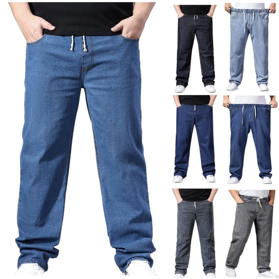 Npasoilc Plus Size Jeans for Men Drawstring Elastic Straight Leg Jeans Loose Casual Solid Sweatpants With Pockets