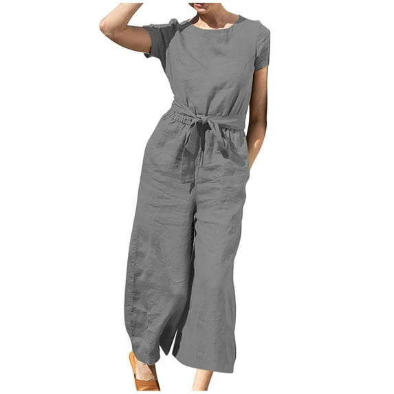 Npasoilc Plus Size Jumpsuits For Women Solid Color loose Short Sleeve Round Neck Jumpsuits Elegant Cotton Linen Jumpsuits Casual Wide Leg Jumpsuit Pants Romper