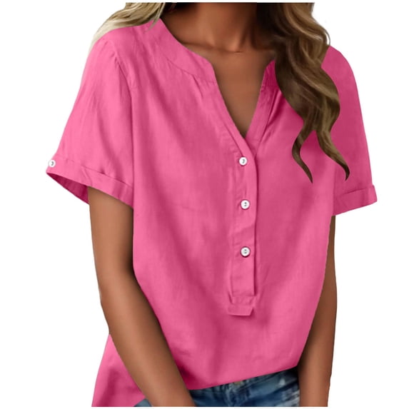 Npasoilc Plus Size Short Sleeves for Women V-Neck Summer Half-Open Button Tops T-Shirt Casual Loose Blouses Pullover