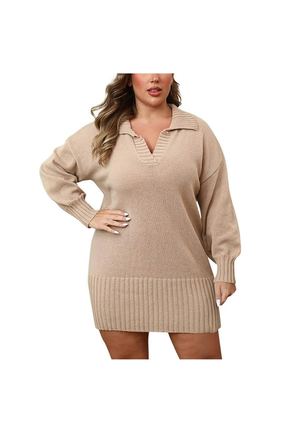 Plus Size Sweater Dresses for Women Turndown Collar V-Neck Long Puff Sleeve Stretchy Dresses Lightweight Soft Sweaters Casual Slim-Fit Knitted Sweaters