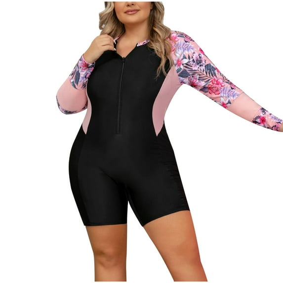 Npasoilc Plus Size Swimsuits for Women One-Piece Long Sleeve Front Zipper Flat Angle Bathing Suit Solid Color Stretchy Beach Surfing Swimwear