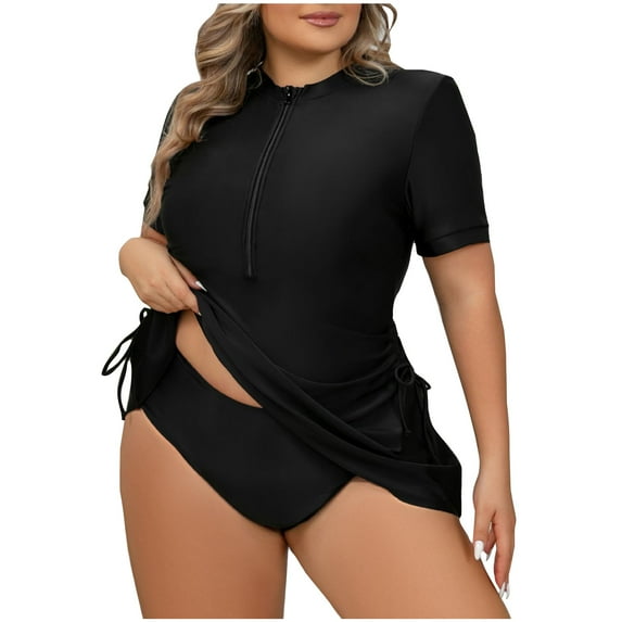 Npasoilc Plus Size Swimsuits for Women Two-Piece Short Sleeve Front Zipper Side Drawstring Bathing Suit Tankini Top with Triangle Bottom