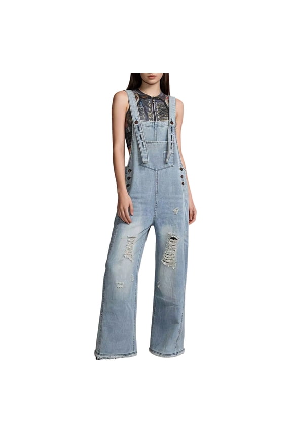 Pocket Suspender Denim Long Jumpsuits for Women Crew Neck Sleeveless Summer Casual Overalls