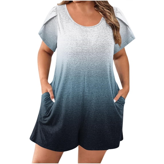 Npasoilc Printed Pocket Puff Sleeve Short Jumpsuits for Women Crew Neck Short Sleeve Plus Size Summer Romper