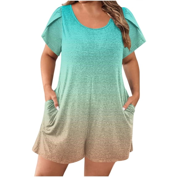 Npasoilc Printed Pocket Puff Sleeve Short Jumpsuits for Women Crew Neck Short Sleeve Plus Size Summer Romper