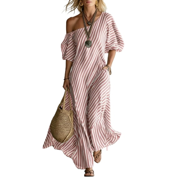 Npasoilc Puff Sleeve Asymmetrical Maxi Dresses for Women One Shoulder Striped Loose A-Line Beach Dress