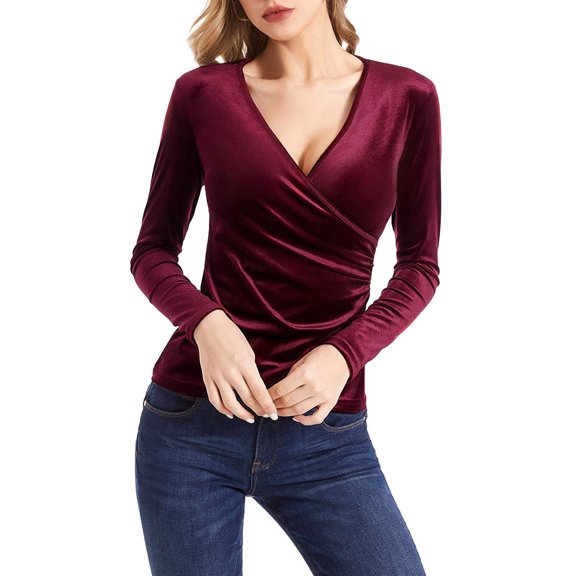 Npasoilc Pullover Shirt For Women Sexy Deep V Neck Long Sleeve Velvet Unique Wrap Tops Slim Casaul Basic Blouse Fall Tops Trendy Tunic Tops