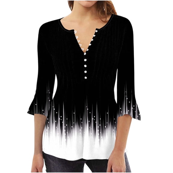 Npasoilc Pullover Shirts for Women 3/4 Sleeve V-Neck Half-Open Button Tops Casual Loose Sweatshirt Blouses