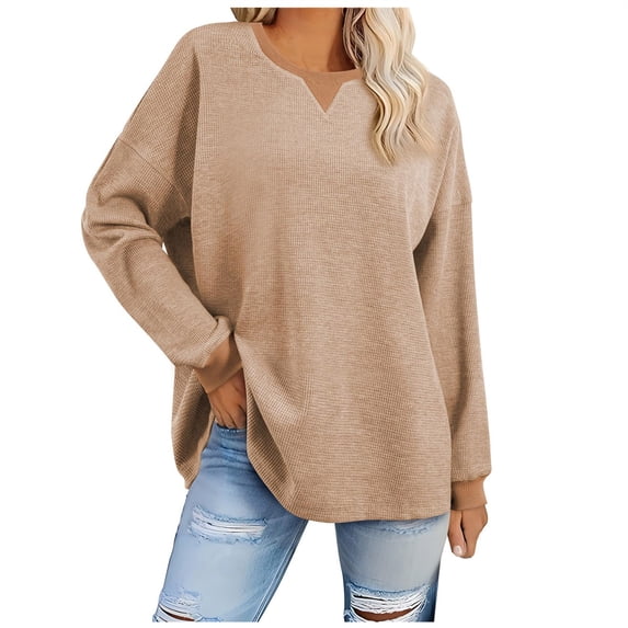 Npasoilc Pullover Tops For Women Oversized Casual Solid Color Round Neck Sweatshirts Long Sleeve Knit Sweatershirts Comfy Soft Fall Tops Pullover Tops Going Out Tops
