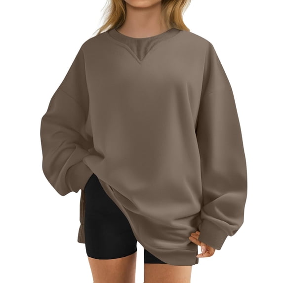 Npasoilc Pullover for Women Crew Neck Long Sleeve Hem Slit Casual Loose Top Lightweight Sweatshirts Blouse Tops