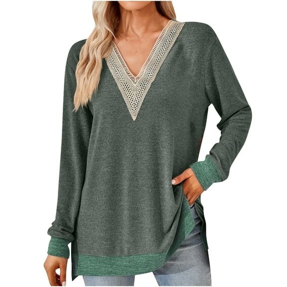 Npasoilc Pullover for Women V-Neck Long Sleeve Hem Slit Casual Loose Top Sweatshirts Blouse Tops