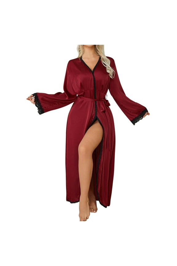 Robes For Women Casual Bathrobe V Neck Lace Mesh Patchwork Full Length Sleepwear Loungewear Pajamas Housecoats Nightgown Comfy Robe