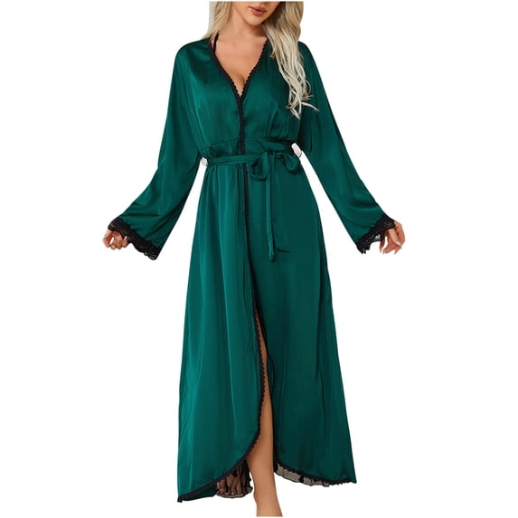Npasoilc Robes For Women Casual Bathrobe V Neck Lace Mesh Patchwork Full Length Sleepwear Loungewear Pajamas Housecoats Nightgown Comfy Robe