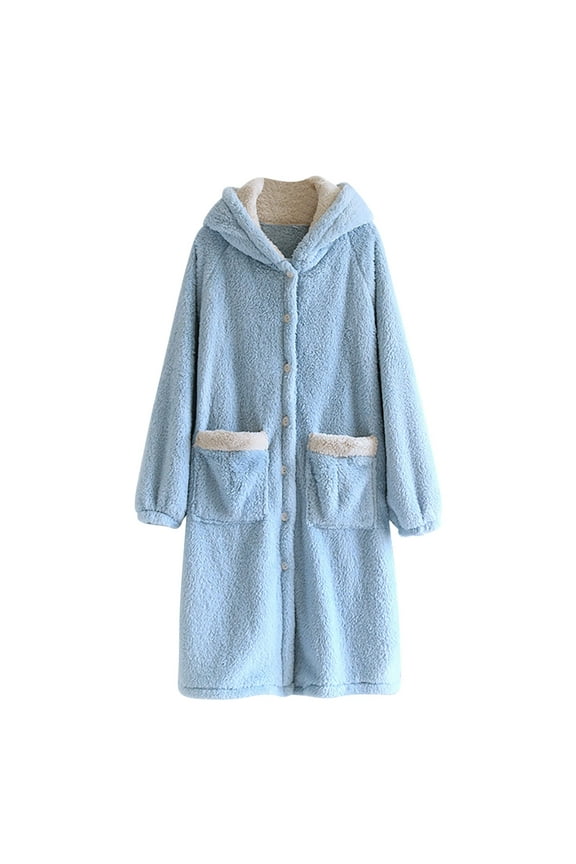 Robes For Women Warm Hooded Flannel Robe Soft Robe Comfy Fleece Bathrobe Nightgown Sleepwear Housecoats Pajamas Trendy Loungewear