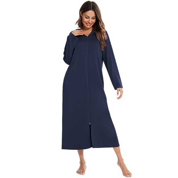 Npasoilc Robes For Women Zip Up Long Hooded Zipper Bathrobe Nightgown Sleepwear Pajamas Housecoat Full Length Loungewear With Pocket