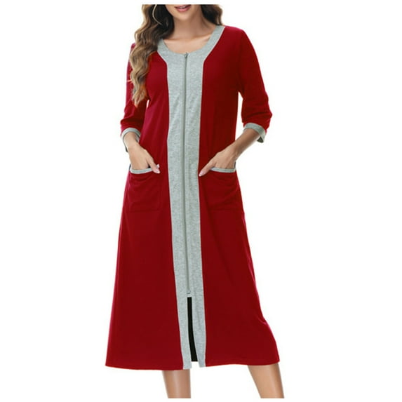 Npasoilc Robes For Women Zipper Robe Bathrobe Casual 3/4 Sleeve Long Sleepshirts Full Length Sleep Dress Loungewear Lightweight Housecoat Pajamas