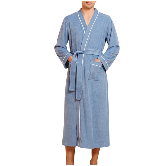 Npasoilc Robes for Men Long Sleeve Waist Bandage Lace-Up Lightweight Bathrobe Spa Long Pajama Robe with Pockets Soft Sleepwear Casual Men's Loungewear