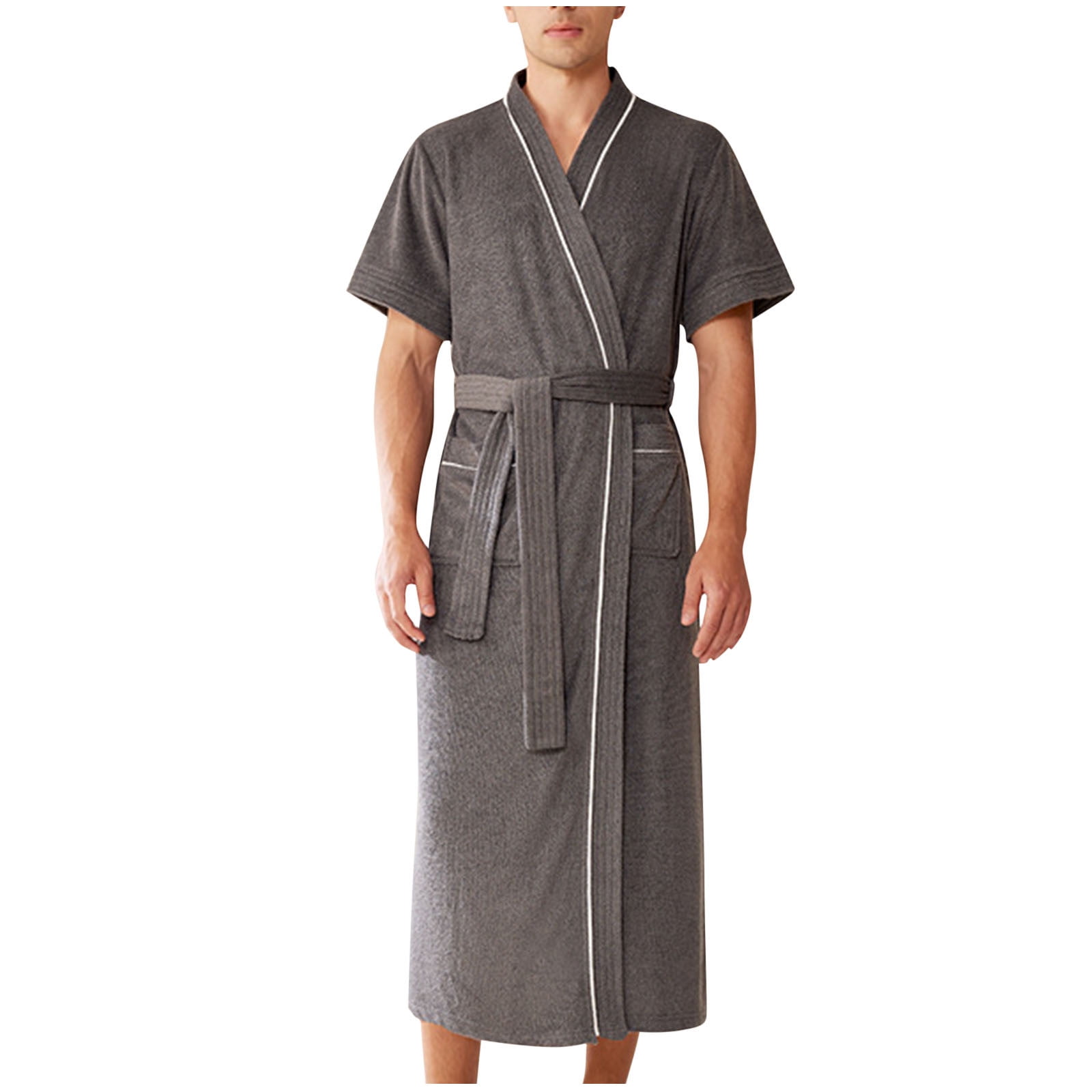 short sleeve dressing gown mens Npasoilc Robes for Men Short Sleeve Waist Bandage Lace-Up Lightweight Bathrobe Spa Long Pajama Robe with Pockets Soft Sleepwear Casual Men's