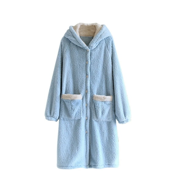 Npasoilc Robes For Women Casual Solid Color Button Hooded Bathrobe Long Robe With Pockets Comfortable Pajamas Nightgown Full Length Sleepwear Loungewear Housecoats