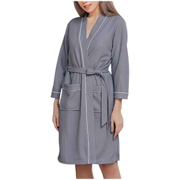 Npasoilc Robes for Women Long Sleeve Waist Bandage Lace-Up Lightweight Bathrobe Spa Knee-Length Pajama Robe with Pockets Soft Sleepwear Casual Women's Loungewear