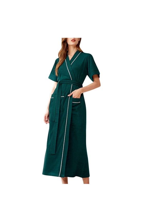 Robes for Women Short Sleeve Waist Bandage Lace-Up Lightweight Bathrobe Spa Long Pajama Robe with Pockets Soft Sleepwear Casual Women's Loungewear