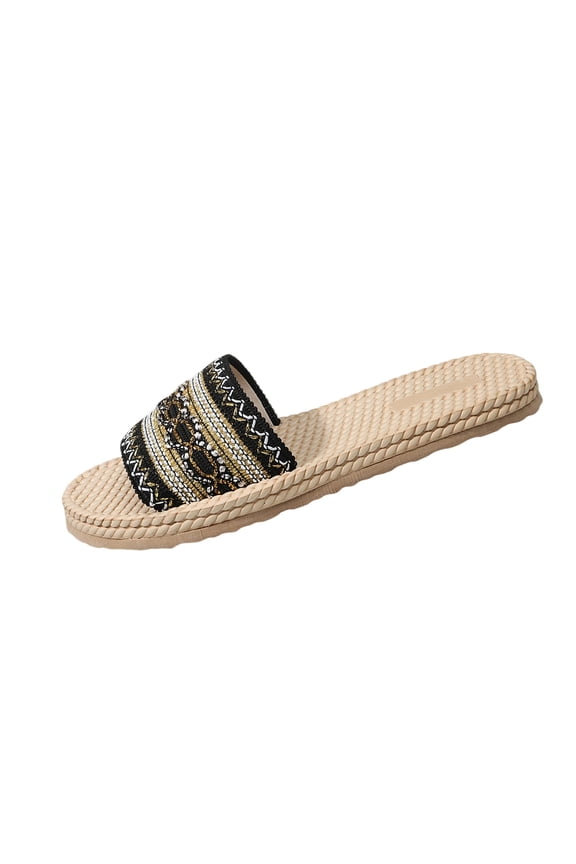 Rope Sole Open Toe Sandals for Women,Plus Size Boho Ethnic Style Flat Espadrille Slippers with Arch Support Comfortable Breathable Slip-On for Spring Summer