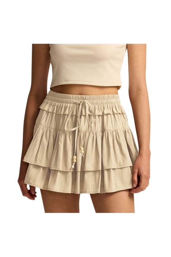 Ruffled pleated Skirt for Women Solid Color High Waist Elastic Waistband Drawstring Modesty Lining Half Skirt with Built-in Shorts