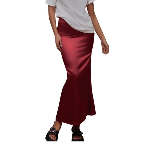 Npasoilc Satin Fishtail Hem Midi Skirt for Women Solid Color High Waist Flared Flowy Elegant Summer Half Skirt