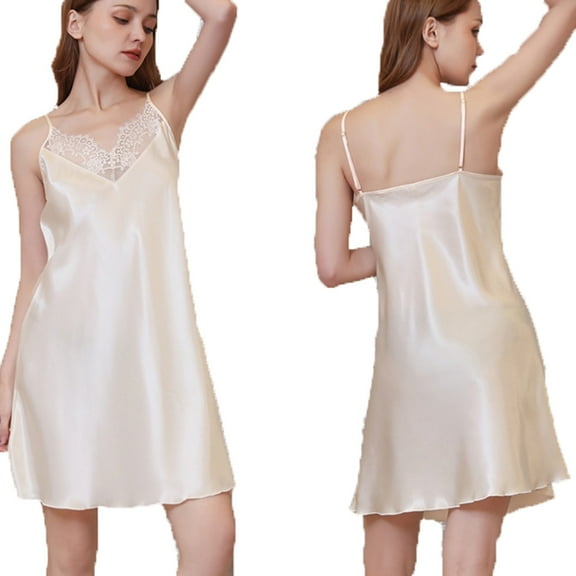 Npasoilc Satin Nightgowns for Women Summer Sleeveless Lace Patchwork V-Neck Cami Nightdress Soft Thin Breathable Spaghetti Strap Silky Pajama Dresses Casual Loose Sleepwear Dresses