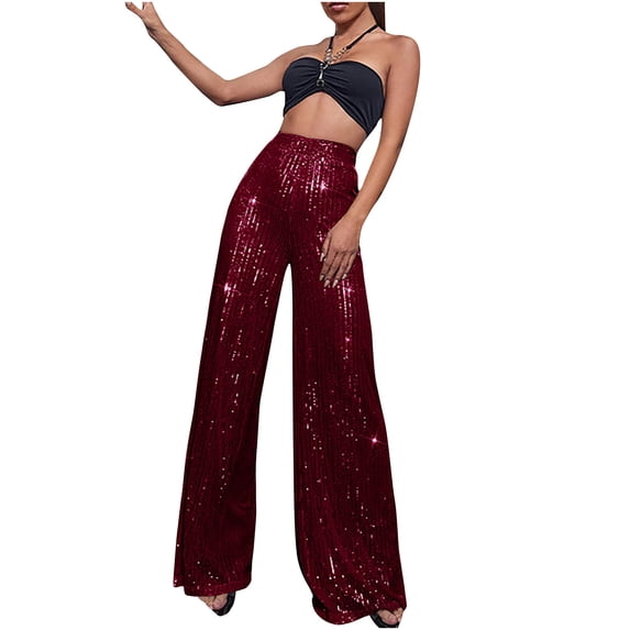 Npasoilc Sequin Flare Pants for Women Wide Leg High Waisted Elastic Waist Loose Fit Casual Trousers Long Straight Party Pants Night Out Clubwear