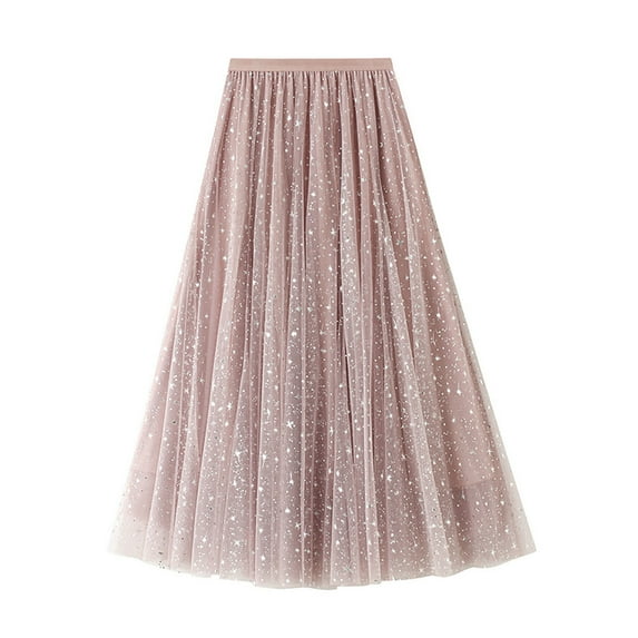 Npasoilc Sequin Gauze Skirt for Women Trendy Elastic Waist Ruffle Hem Pleated A-line Puffy Skirt Solid Color Casual Loose Skirt