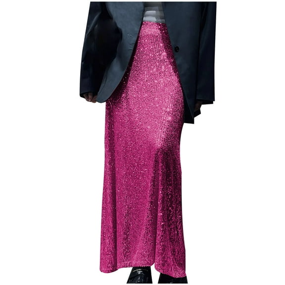 Npasoilc Sequin Skirts for Women Trendy High Waist Draping Flowy Hem Solid Color Casual Slim-Fit Cocktail Party Dressy Ankle-Length Skirt