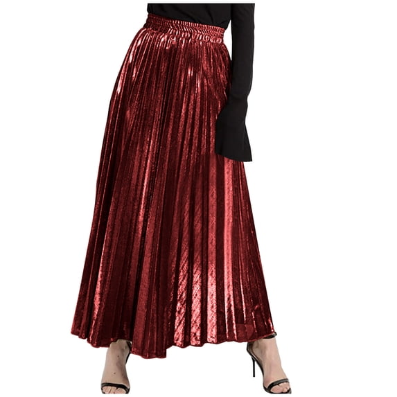 Npasoilc Sequin Skirts for Women Trendy High Waist Draping Ruffle Hem Swing A-Line Skirt Solid Color Casual Pleated Skirt