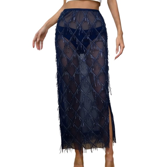 Npasoilc Sequin Split Mesh Bodycon Midi Skirt for Women Hip Wrap Sheer Half Skirt