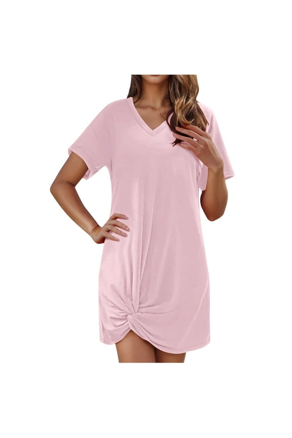 Shirt Dress for Women V-Neck Short Sleeve Side Twisted Short Skirt Casual Beach T-Shirt Dresses