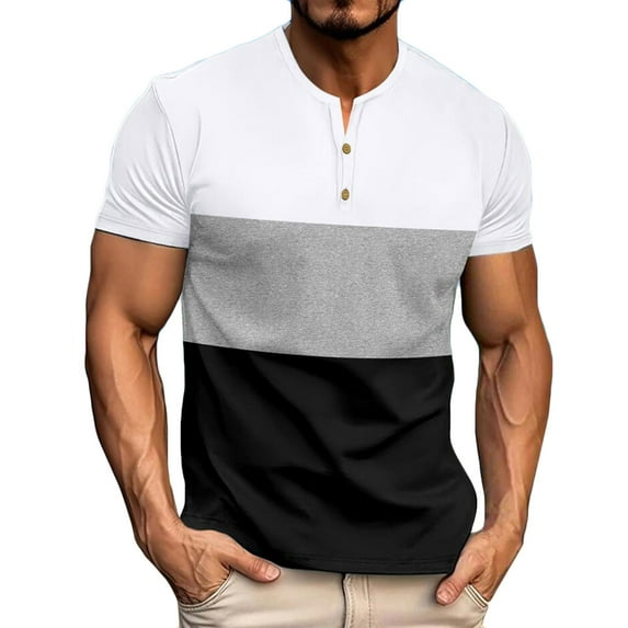 Npasoilc Shirts for Men Summer Short Sleeve Round Neck Two Button Up Lightweight Breathable Pullover Henley T-shirts Color Block Casual Loose Blouses