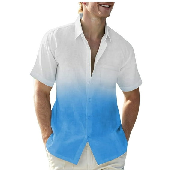 Npasoilc Shirts for Men Summer Short Sleeve Turn Down Collar Button Down Breathable T-shirt with Front Pocket Gradient Color Casual Blouse
