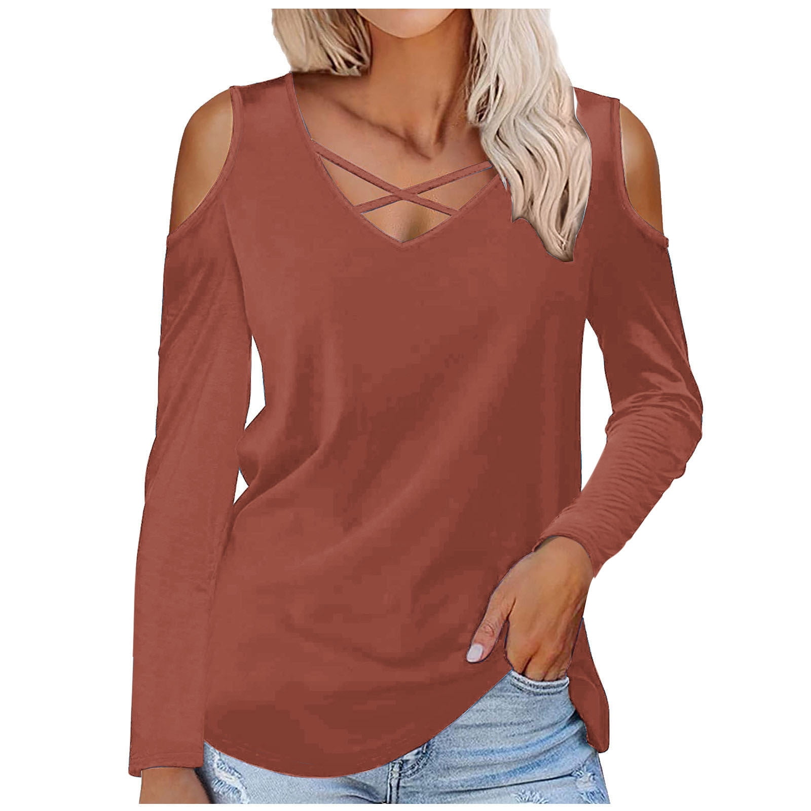 Casual Simplicity Solid Hollowed Out V Neck Tops Casual Simplicity Solid Hollowed Out V Neck Tops