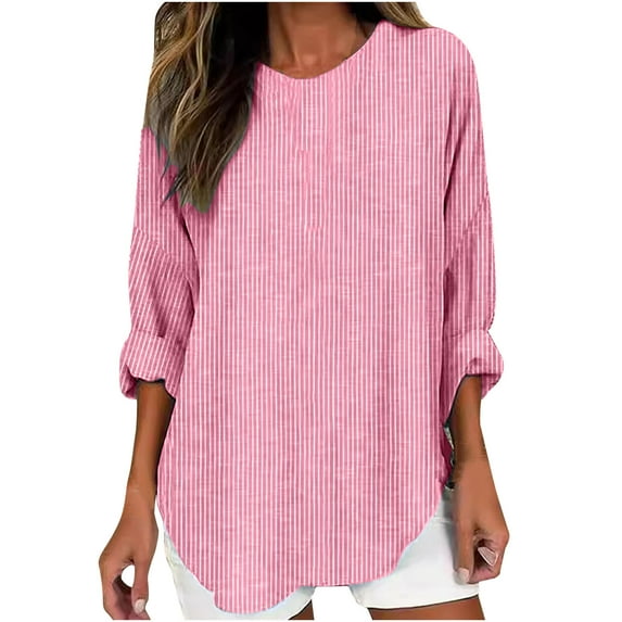 Npasoilc Shirts for Women Terndy Rolled Up Long Sleeve Round Neck Curved Bottom Lightweight Blouse Tops Striped Casual Loose T-shirts