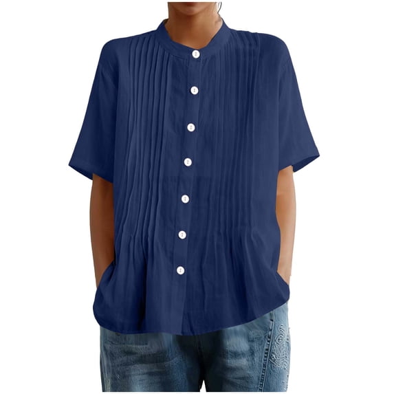 Npasoilc Short Sleeve Button Cardigans for Women Round Neck Solid Color Pleated Imitation Linen Casual Tops
