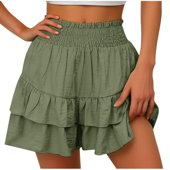Npasoilc Shorts for Women SUmmer Cotton Linen High Waisted Elastic Waist Tiered Floral Ruffle Hem Solid Color Casual Culottes Shorts