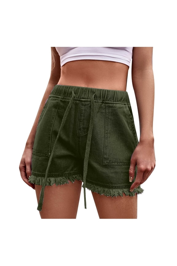 Shorts for Women Summer High Waisted Drawstring Frayed Fringe Hem Jean Shorts Solid Color Casual Loose Stretchy Denim Shorts With Pocket